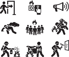 Fototapeta premium Fire Safety and Emergency Action Pictogram Icons Line Art Set eps