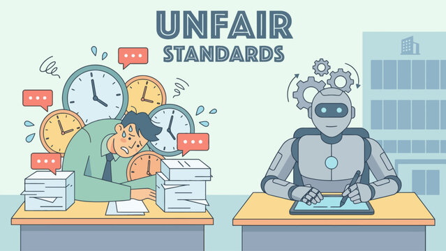 Image depicts a stressed office worker overwhelmed by tasks and clocks, contrasted with a calm, efficient robot working at a desk.