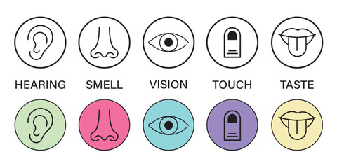 icon set of five human senses. vision eye, smell nose, hearing ear, touch hand, taste mouth with tongue sign. medical reference symbol. five types of human sense logo. flat style.