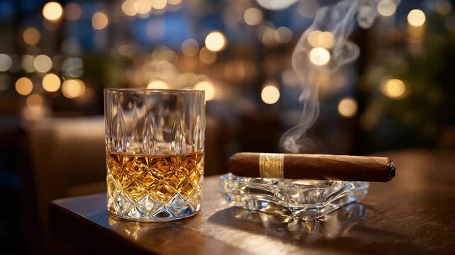 30Stylish bar setting with a crystal whiskey glass glowing in warm light, dark cigar resting in a refined ashtray, reflections dancing across the varnished table