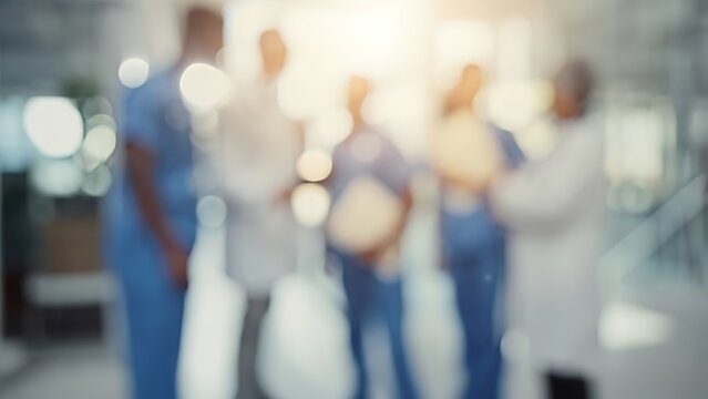 Blurry group of medical professionals in blue scrubs in a bright, modern clinical lobby
