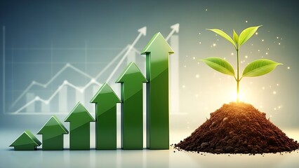 Visual representation of sustained financial growth featuring ascending green arrows alongside a glowing sapling emerging from rich soil
