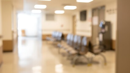Blurred hospital waiting area with a row of chairs and bright ceiling lights