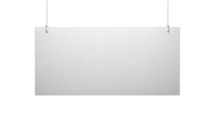 Blank white rectangular sign suspended from above on a clean black background