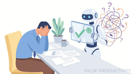 A successful businessman works at an office desk on a laptop computer and monitor in this professional vector illustration concept of modern internet technology and online communication