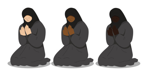 set of women in black hijabs praying with skin tones