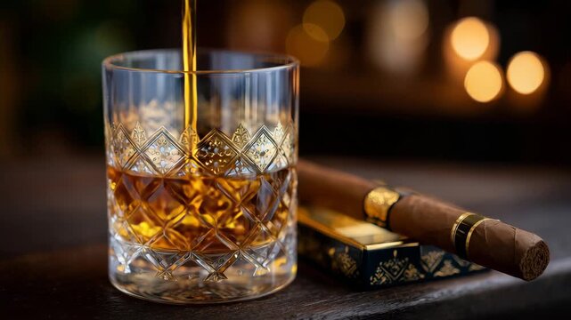 33Close-up of whiskey glass showcasing intricate crystal patterns, deep amber liquid illuminated softly, cigar placed beside it in a luxurious ashtray