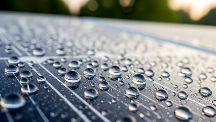 Close-up of water droplets on a solar panel surface, highlighting its texture and clean energy potential
