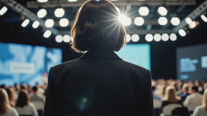 Professional Female Speaker at Business Conference – Back View with Microphone for Corporate Events, Leadership Talks, and Economic Discussions