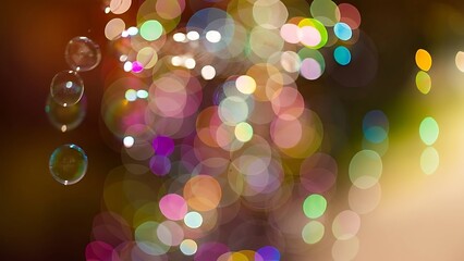 Vibrant abstract bokeh lights with soap bubbles in soft focus