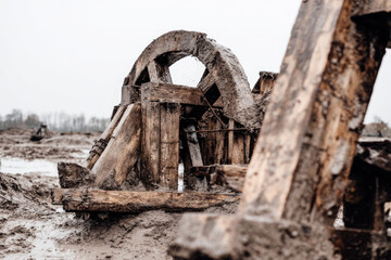 Fototapeta premium Roman siege engine constructed from weathered wood stands in muddy field showing ancient military technology and historical warfare with dramatic atmosphere