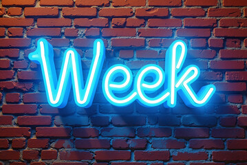 Neon Sign Spelling Week on Brick Wall &ndash; Illuminated Blue Retro Typography for Black Week Promotions and November Marketing Trends