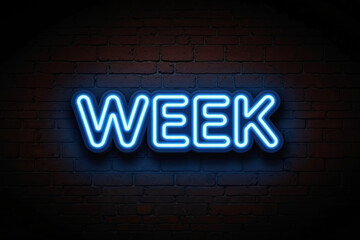 Neon Sign Spelling Week on Brick Wall &ndash; Illuminated Blue Retro Typography for Black Week Promotions and November Marketing Trends