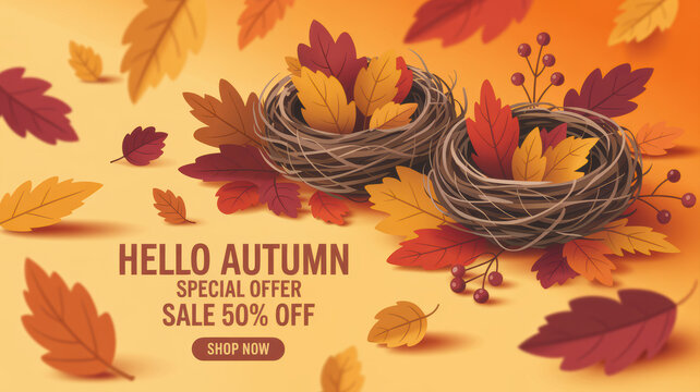 Autumn leaves in nests with special offer sale announcement - Powered by Adobe