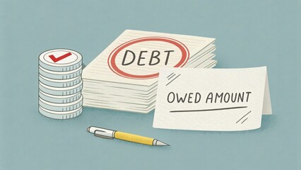 Stack of Debt Papers with Owed Amount Note and Coins