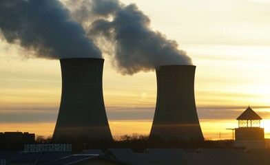 Cooling towers of the nuclear power plant release steam against sunset sky near Limerick, Pennsylvania, U.S