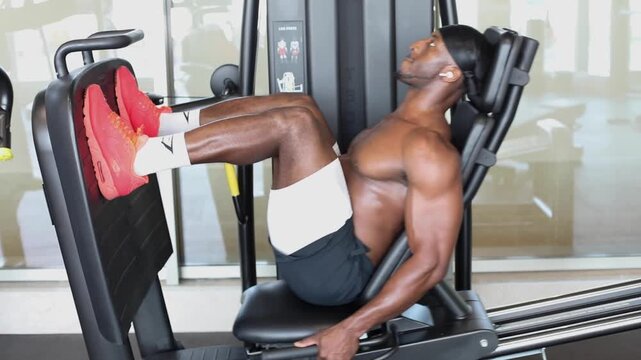 Man using leg press machine during gym workout. Athletic man performing leg press exercise on a gym machine, training lower body strength during an indoor workout.