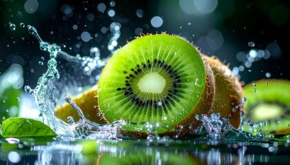 Fresh Kiwi Fruit Splashing in Water with Green Leaves