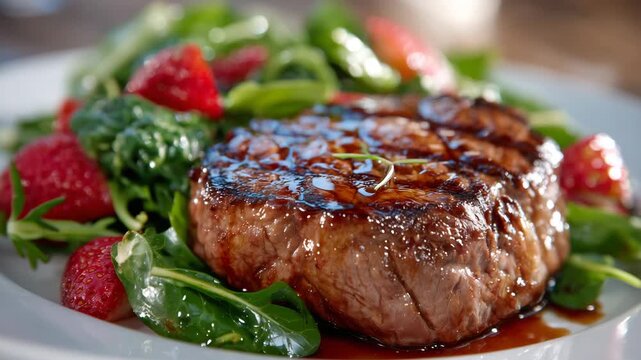 54Macro shot capturing the juicy texture of grilled steak alongside crisp lettuce leaves and ripe strawberries, beautifully arranged on a spotless white plate