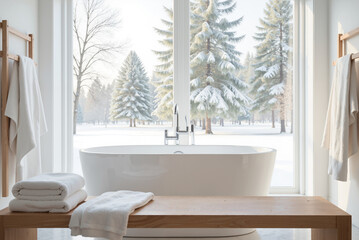 Luxury Spa Bathroom with Snowy Forest View &ndash; Modern Bathtub and Fluffy Towel for Wellness Retreats, Cold Therapy Blogs, and Serene Interior Design
