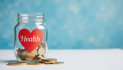 Glass Savings Jar with Health Label and Coins &ndash; Financial Planning Concept for Healthcare Donations and Medical Fundraising