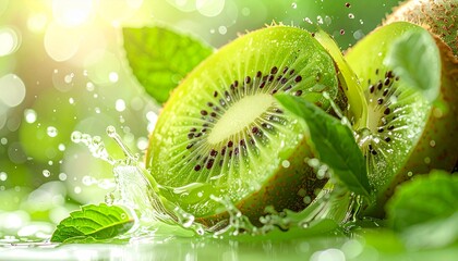 Fresh Kiwi Fruit Splashing in Water with Green Leaves