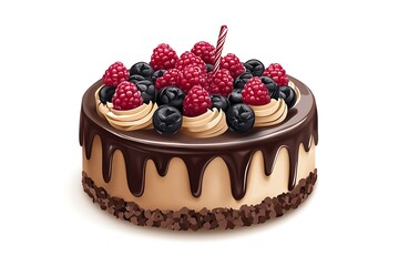 A decadent chocolate cake adorned with fresh raspberries and blueberries, a perfect celebratory treat, glistening with rich chocolate ganache.