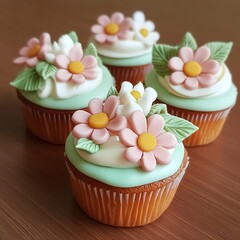 Delicate pastel flower cupcakes adorned with fondant blossoms, a charming springtime treat, showcasing soft mint frosting and intricate sugar flower details.