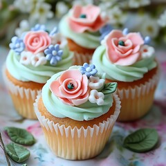 Delicate pastel cupcakes adorned with handcrafted sugar roses and blossoms, creating a charming and elegant dessert display.