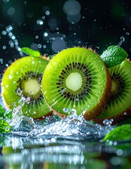 Fresh Kiwi Fruit Splashing in Water with Green Leaves