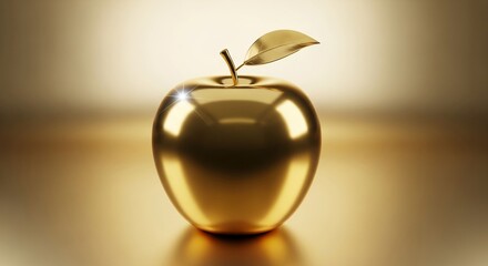 This stunning, highly polished, reflective gold apple sculpture rests elegantly on a matching metallic surface, symbolizing prestige and ultimate success.