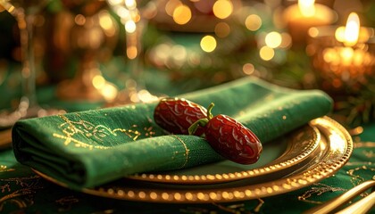 Elegant Table Setting With Gold Plate Green Napkin And Dates In Soft Bokeh Lighting