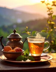 Steaming Hot Tea Served With Fresh Apricots And Mint Leaves On A Table With Scenic Mountain View At Golden Hour