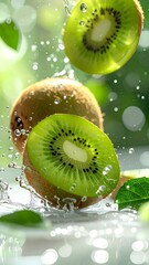 Fresh Kiwi Fruit Splashing in Water with Green Leaves
