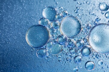 A few round bubbles of oil on the surface, a blue background, a close   up shot, light and shadow, a delicate texture, minimalism, macro photography, a flat view angle.