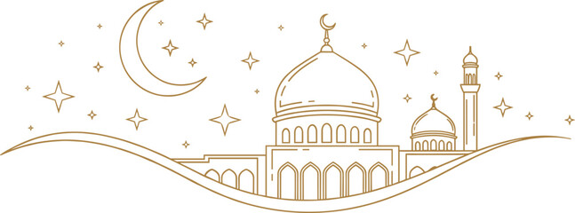Islamic Mosque Line Art with Crescent Moon, Glowing Stars, and Elegant Wave Border for Ramadan and Eid Mubarak © MdJillur