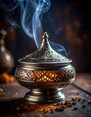 Ornate Silver Incense Burner Emitting Wisps of Blue Smoke with Warm Glowing Light and Scattered Spices on a Wooden Surface