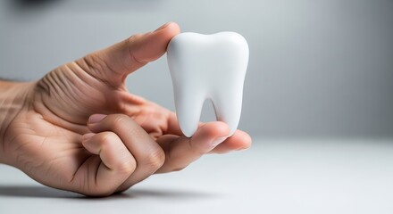 A close-up view showcases a large, white, perfectly shaped molar model being delicately held between two fingers.