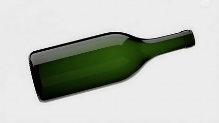 Empty dark green glass wine bottle lying horizontally against a clean bright white background with soft shadows
