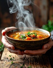 Warming Vegetable Soup Steaming In Rustic Bowl Held By Hands On Wooden Table With Herbs And Spices