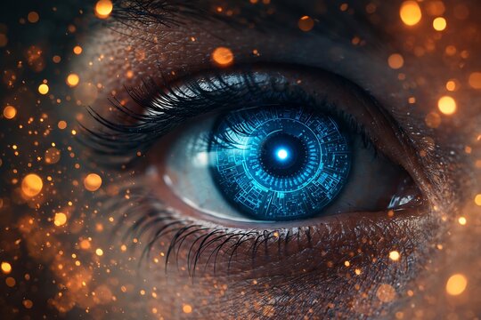 Extreme close-up of a futuristic human eye with a glowing blue digital circuit iris and bokeh lights - Powered by Adobe