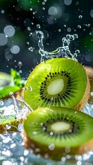 Fresh Kiwi Fruit Splashing in Water with Green Leaves