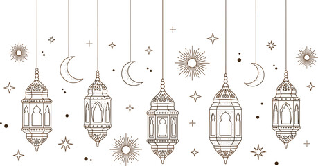 Islamic Ramadan Hanging Lanterns with Crescent Moon and Stars Line Art Vector Illustration © MdJillur