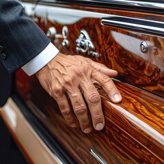 Elegant Mans Hand Resting On Polished Dark Wood Interior Of A Luxury Car With Detailed Texture And Shine