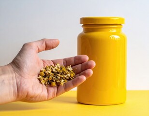 Hand Holding Dried Chamomile Flowers Next To A Tall Yellow Jar Against A Light Grey And Yellow Background In Studio Lighting
