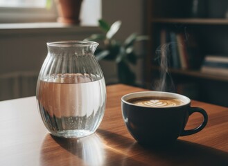Steaming Coffee Cup With Latte Art Next To A Glass Pitcher Of Water On A Wooden Table With Natural Light