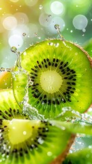 Fresh Kiwi Fruit Splashing in Water with Green Leaves