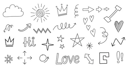 Hand drawn doodle elements set arrows, stars, hearts, sun, crown, text hi and love, abstract shapes in line art style © Nipun
