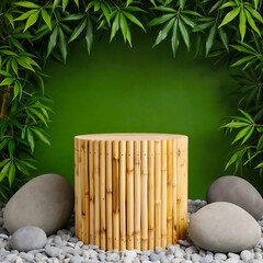 Minimalist Bamboo Pedestal on Pebble Base with Lush Green Foliage for Eco Friendly Brand Presentation
