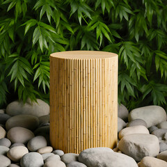 Round Bamboo Slat Podium with Grey Pebbles and Bamboo Foliage for Natural Beauty Product Showcase